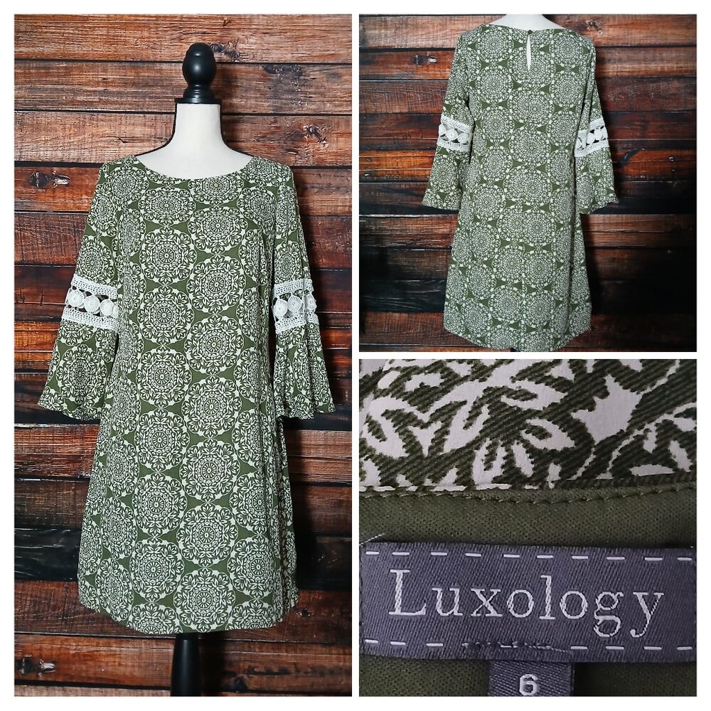 Luxology Dress 6 Shift Green Mandala Retro Crochet Peasant Bell Sleeve Lined